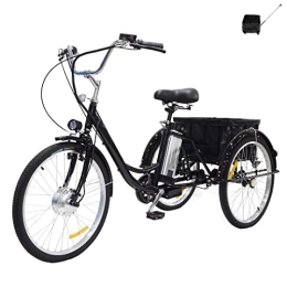Generic Electric Bike 24inch adult electric tricycle with rear basket 3 wheel bicycle 36V12AH lithium battery removable 350W motor Hybrid tricycle with pedals power bike for parents and ladies (black)