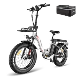 Fafrees  Fafrees F20 MAX Electric Bike, 20 * 4.0inch Fatbike Folding Electric Mountain Bicycle, 48V 22.5Ah Removable Battery, Front Basket, Shimano 7 Speed, Range 90-150KM, Unisex Adult Ebike (White)