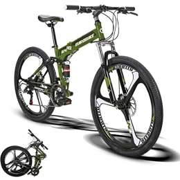 EUROBIKE Folding Bike Eurobike G4 26 Inch Adult Folding Bike, Dual Disc Brake Full Suspension Mountain Bikes for Adults Men or Women, 21 Speed Foldable Mountain Bicycle (ArmyGreen 3 Spoke)