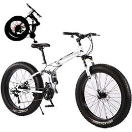 Generic Bike Fat Tires Folding Bike for Adults Mountain Bicycle Removable Adult Mountain Snow Beach Electric Bike with Suspension Fork 21 Speed Gears High Carbon Steel Frame, White, 24inch