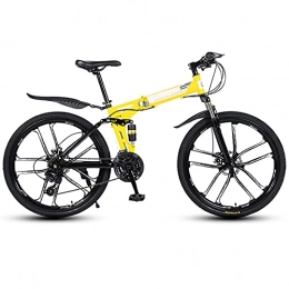 FGKLU Folding Bike FGKLU 26 inch Folding Mountain Bike for Men and Women, 10 Knife Wheel Outdoor MTB Bikes Bicycle, 21 Speed High-Carbon Steel Dual Disc Brakes, Yellow