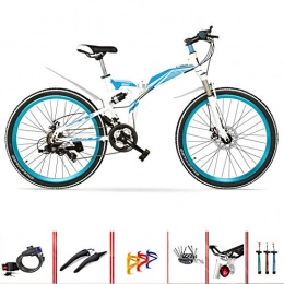 SYLTL Bike Folding Mountain Bike Variable Speed Adult Unisex 24 / 26in Folding Dual Suspension Universal Wayfarer Shock-Absorbing Off-Road Folding City Bicycle, whiteblue, 24inches