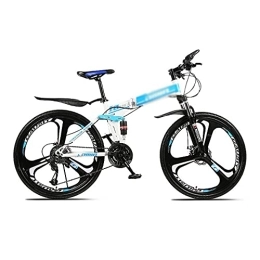 Kays Folding Bike Kays 26 Inch Folding Mountain Bike High Carbon Steel Full Suspension MTB Bicycle For Adult Double Disc Brake Outroad Mountain Bicycle For Men Woman Adult And Teens(Size:27 Speed, Color:Blue)