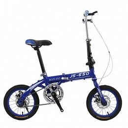 Minkui Bike Lightweight alloy city bike for men and women Mini 14 inch double disc brake folding bike Small wheel single speed fixed scooter with disc brake and suspension fork-Blue + disc brake