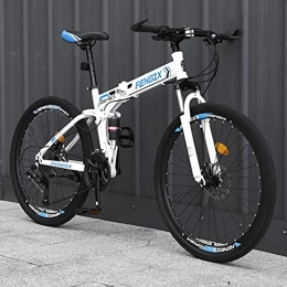 LZHi1 Folding Bike LZHi1 26 Inch Folding Mens Mountain Bike With Suspension Fork, 30 Speed Mountain Trail Bicycle With Dual Disc Brakes, High Carbon Steel Road Bike Urban Street Bicycle(Color:White blue)