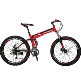 EUROBIKE Bike OBK 26 Inch Folding Mountain Bike Full Suspension Bikes Dual Disc Brake 21 Speed Bicycle for adults men or women (Aluminum Rims Red)