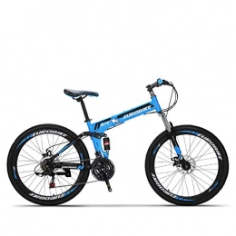 W&TT Folding Bike W&TT 26 Inch Folding Mountain Bike 21 / 27 Speeds Dual Disc Brakes Shock Absorber Bicycle High Carbon Soft Tail Adults Bicycle, Blue, 21speed