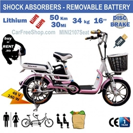 customIZED Road Bike carfreeshop customIZED MINI2107Seat ELECTRIC assistance E-bike with shock absorbers, passenger, 2 seats, BASKET, 16inch, standard LITHIUM BATTERY, 10Ah, 240W, Range 50 kkm, DISC BRAKES, mudguards, SHOPPING, city journey travel, damping, small, tiny, WOMAN-LADY-GIRL-STUDENT pink, purple, yellow