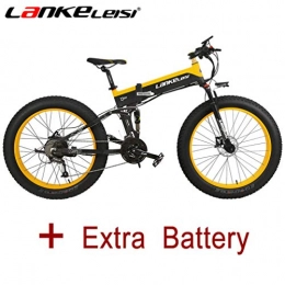 LANKELEISI Elektrofahrräder LANKELEISI 26'' Fat Wheel Folding Electric Bicycle Lithium Battery 48V 1000W Shimano 27 Speed Full Suspension Snow Mountain MTB E-Bike Dual Hydraulic Disc Brake (10AH Schwarz-Gelb + Extra Batterie)