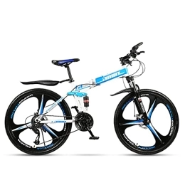 SanRen Mountainbike Klappbares Mountainbike, 26 Zoll, vollgefedert, Mountainbike für Erwachsene, System zur Stoßdämpfung, Scheibenbremse, geeignet für Radfahren im Freien (Räder mit drei Messern, blau und weiß)