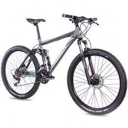 CHRISSON Vélos de montagnes Chrisson VTT tout suspendu 27, 5″ Hitter FSF gris bleu VTT à suspension complète avec dérailleur Shimano Deore à 30 vitesses VTT pour homme et femme avec fourche à suspension Rock Shox