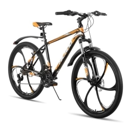 Hiland Vélos de montagnes Hiland VTT 26 pouces avec cadre en aluminium 17 pouces - Frein à disque - Fourche à suspension - 6 rayons - Vélo pour adolescent - Homme et femme - Noir et orange