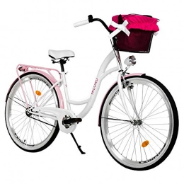 Milord Bikes vélo Milord. 28" 3 Vitesses Blanc Rose Vlo de Confort avec Panier Bicyclette Femme Vlo de Ville Retro Vintage