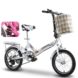 JHNEA vélo JHNEA 16 Pouces 6 Vitesses Vélo Pliant, Cadre en Acier au Carbone Pliable vélos par Porte Bagages et Panier Vélo de Ville Pliant, White-C