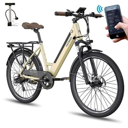 Fafrees vélo Fafrees F26 Pro Vélo électrique avec application vélo électrique 26" 250 W pour homme et femme 42 Nm batterie 36 V / 10 Ah Shimano 7 vitesses Vélo de ville électrique Or