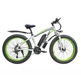 AKEZ Vélos électriques Fat Tire Vélo électrique 26" x 4" pour adulte, Fat Tire Electric Mountain Bike Electric Mountain Bike Vélo électrique 7 vitesses All Terrain avec batterie au lithium amovible 48 V (blanc, vert 15 A)